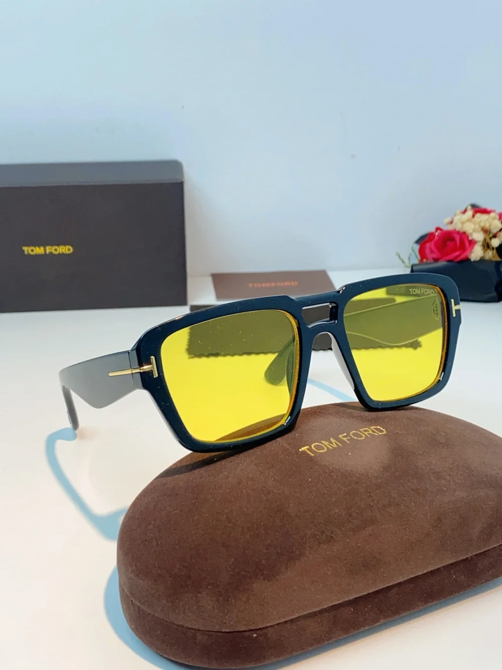 Tom Ford T-shaped Square-Frame Yellow-Lens Sunglasses